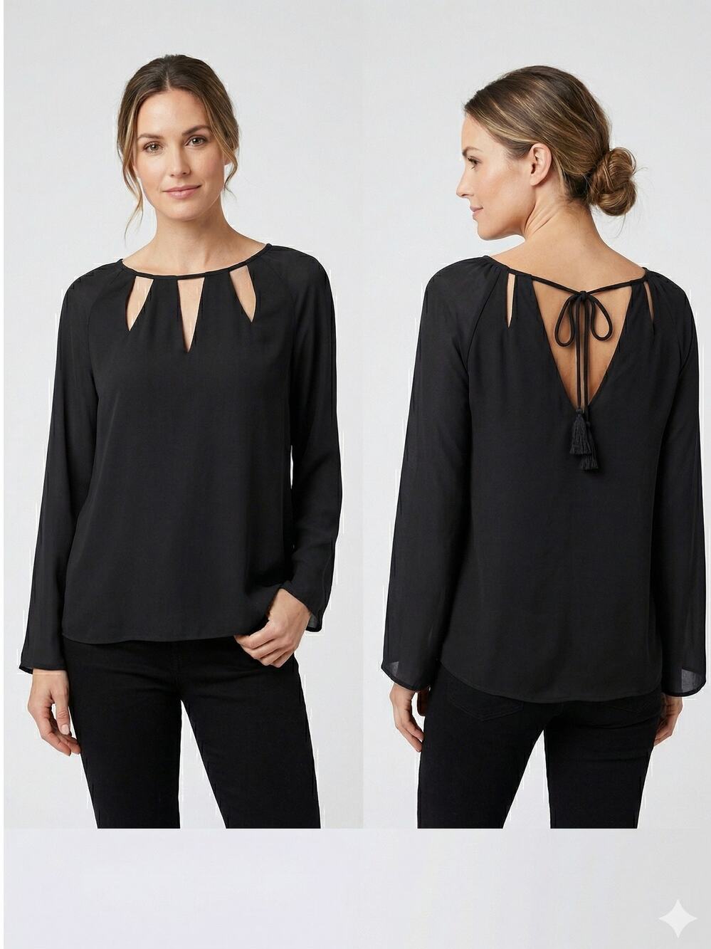 41Hawthorn Small Black Sheer Chifon Wide Sleeve Cutout Neck Blouse Polyester